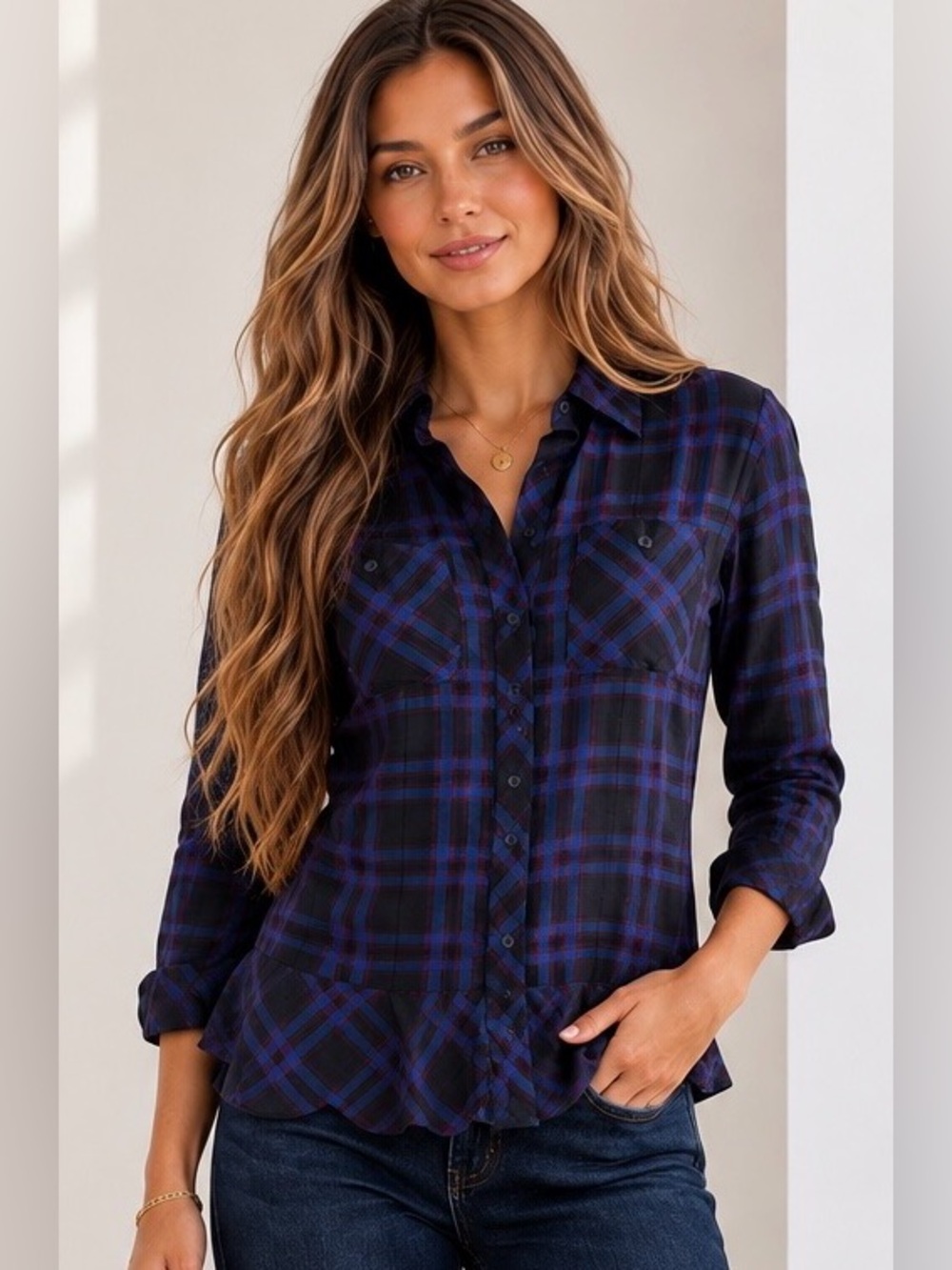 Cabi Moody Check Plaid Peplum Button Down Top Size L